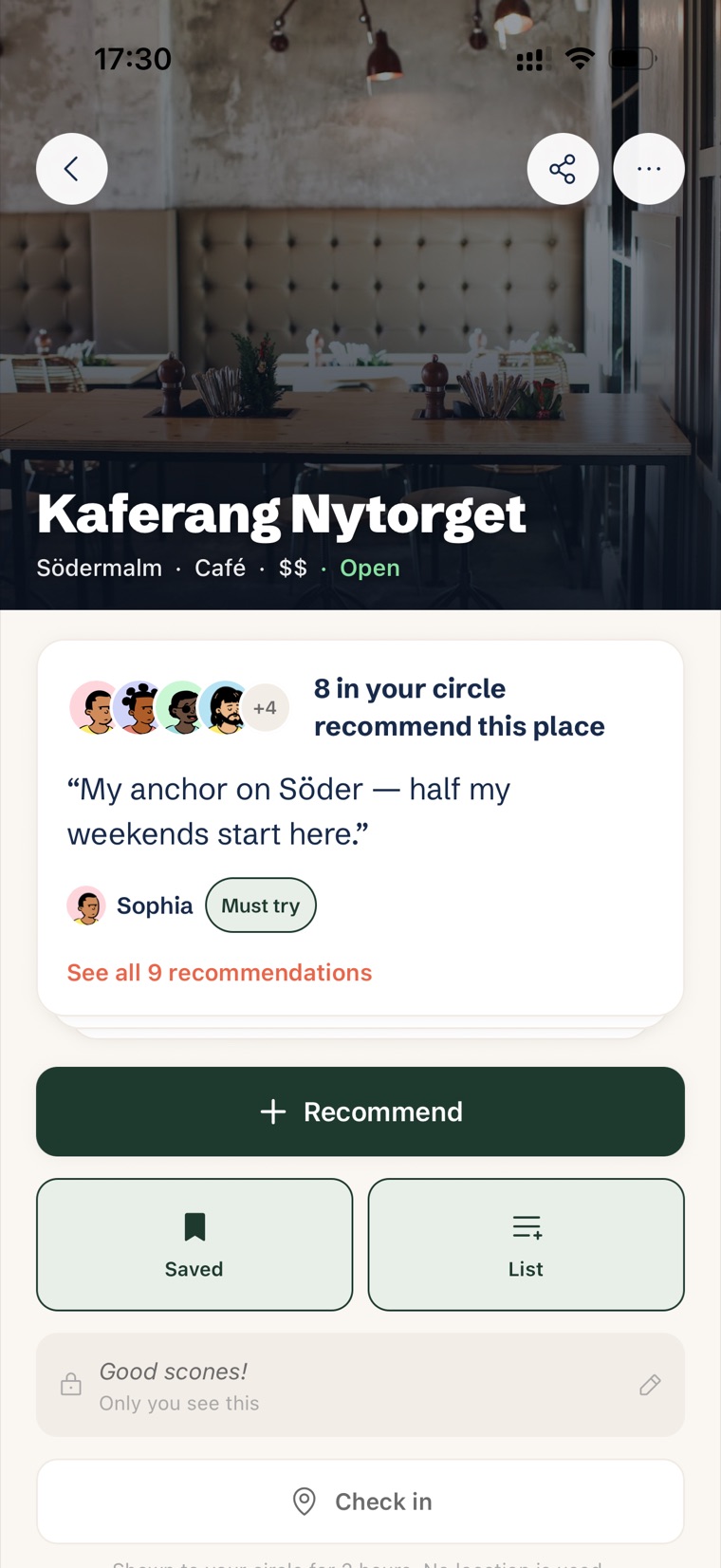 A place in Krets showing how many people in your circle recommend it and their notes.