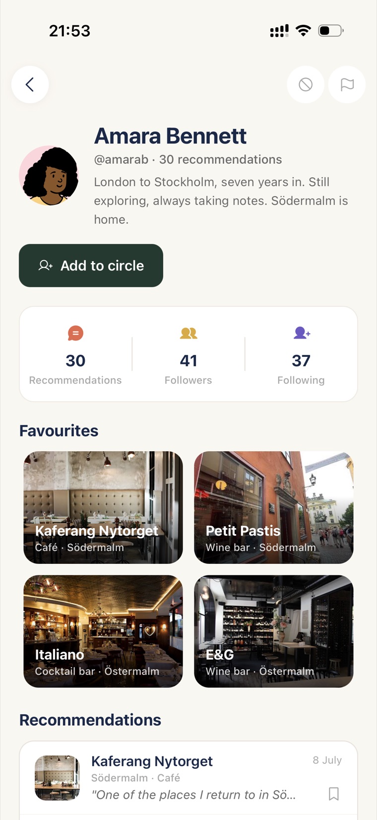 A Krets profile with saved and recommended places.
